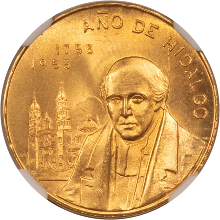 New Certified Coins 1953 MEXICO GOLD 10 PESOS, HIDALGO 200TH ANNIVERSARY MEDALLIC, KM#M91a NGC MS-64