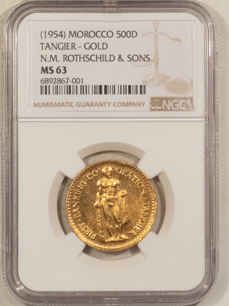 Bullion (1954) MOROCCO 500 DIRHAMS, TANGIER GOLD NM ROTHSCHILD & SONS KM-X12 – NGC MS-63