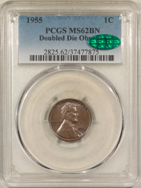 CAC Approved Coins 1955 LINCOLN CENT, DOUBLED DIE OBVERSE – PCGS MS-62 BN, CAC APPROVED, PQ++