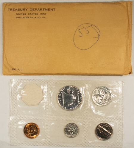 New Store Items 1955 5 COIN U.S. SILVER PROOF SET – GEM PROOF W/ ORIGINAL ENVELOPE & PAPERS