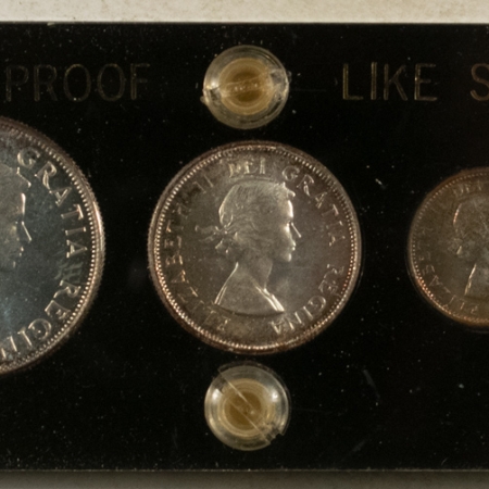 New Store Items 1957 CANADA SILVER SPECIMEN PROOFLIKE SET (MISSING 5C) GEM PL BU, VINTAGE HOLDER