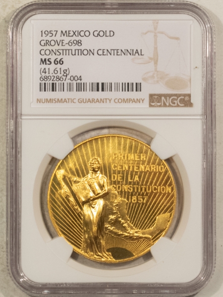 Bullion 1957 MEXICO CONSTITUTION CENTENNIAL GOLD MEDAL GROVE-698  41.61GR NGC MS-66