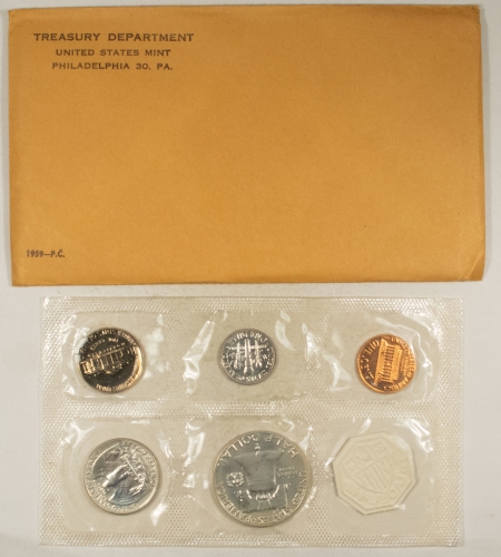 New Store Items 1959 5 COIN U.S. SILVER PROOF SET – GEM PROOF W/ ORIGINAL ENVELOPE & PAPERS