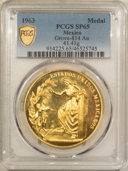 Bullion 1963 MEXICO GOLD MEDAL GROVE-814 AU 41.41G, 1.2 AGW PCGS SP-65, BAJA CALIFORNIA!