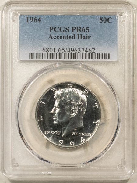 Kennedy Halves 1964 PROOF KENNEDY HALF DOLLAR, ACCENTED HAIR – PCGS PR-65