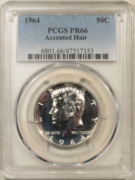 Kennedy Halves 1964 PROOF KENNEDY HALF DOLLAR, ACCENTED HAIR – PCGS PR-66