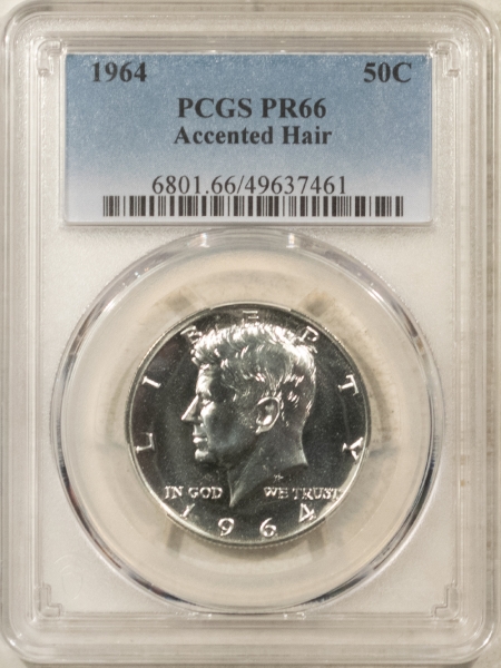 Kennedy Halves 1964 PROOF KENNEDY HALF DOLLAR, ACCENTED HAIR – PCGS PR-66