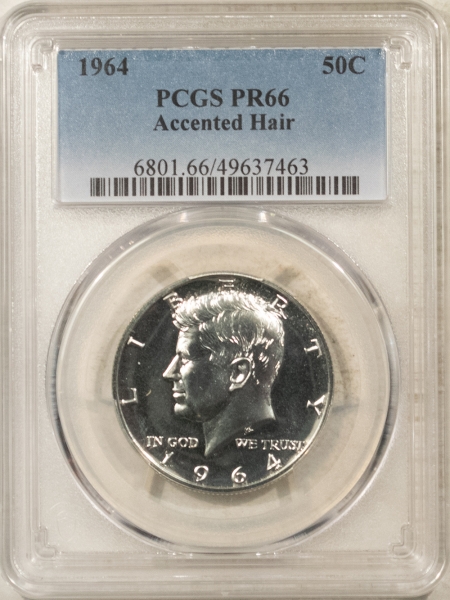 Kennedy Halves 1964 PROOF KENNEDY HALF DOLLAR, ACCENTED HAIR – PCGS PR-66