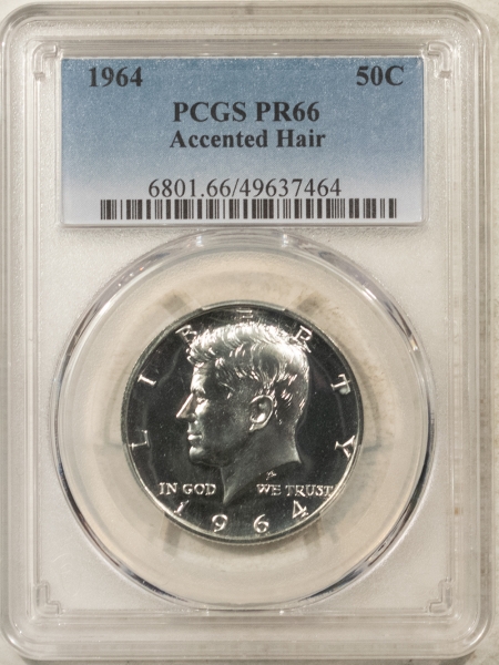 Kennedy Halves 1964 PROOF KENNEDY HALF DOLLAR, ACCENTED HAIR – PCGS PR-66