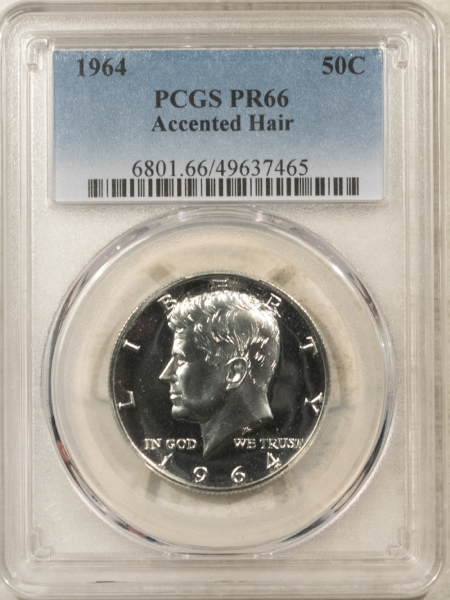 Kennedy Halves 1964 PROOF KENNEDY HALF DOLLAR, ACCENTED HAIR – PCGS PR-66