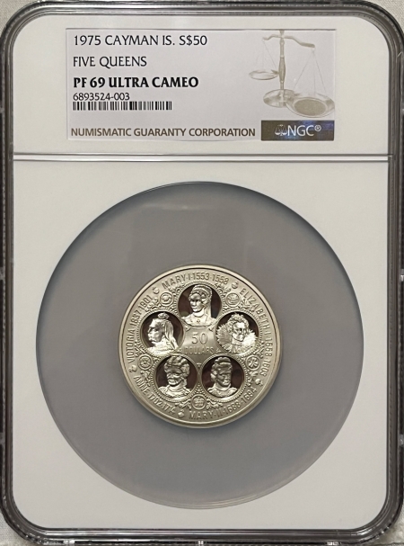 New Store Items 1975 CAYMAN ISLANDS $50 SILVER FIVE QUEENS (6 QUEENS) – NGC PF-69 UCAM, TOP POP!