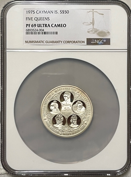 New Store Items 1975 CAYMAN ISLANDS $50 SILVER FIVE QUEENS (6 QUEENS) – NGC PF-69 UCAM, TOP POP!