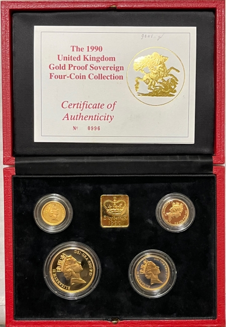 Bullion 1990 UNITED KINGDOM GOLD PROOF 4 COIN SET, 5LB,2LB,SOV & 1/2, 2 OZ+ AGW, BOX/COA