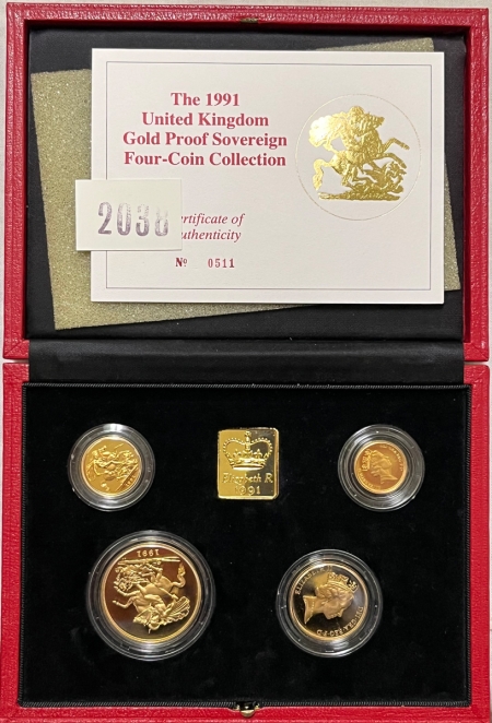 Bullion 1991 UNITED KINGDOM GOLD PROOF 4 COIN SET, 5LB,2LB,SOV & 1/2, 2 OZ+ AGW, BOX/COA