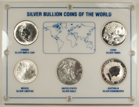 Bullion SILVER BULLION COINS OF THE WORLD 5 COIN 1 OZ SILVER SET IN VINTAGE HOLDER & BOX