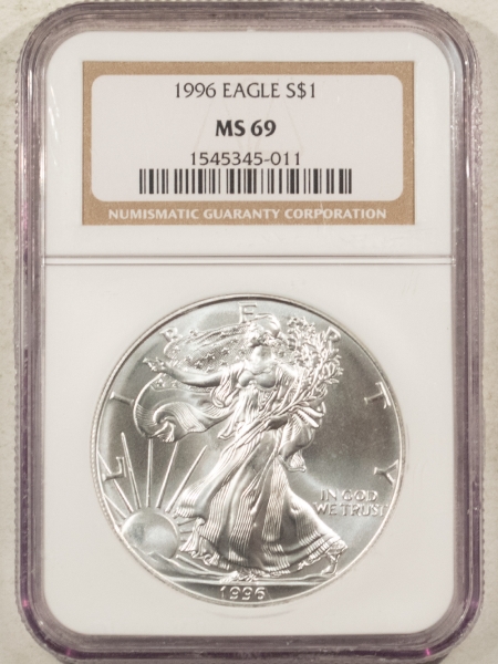 American Silver Eagles 1996 $1 AMERICAN SILVER EAGLE, 1 OZ .999 – NGC MS-69, KEY-DATE!