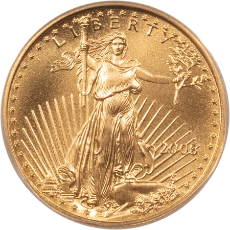 American Gold Eagles, Buffaloes, & Liberty Series 2005 $5 AMERICAN GOLD EAGLE, 1/10 OZ – PCGS MS-69, FIRST STRIKE, FLAG HOLDER