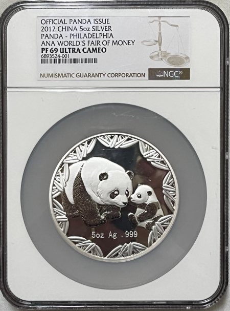 Bullion 2012 CHINA 5 OZ, SILVER PANDA MEDAL .999, ANA PHILADELPHIA ISSUE NGC PF-69 UCAM