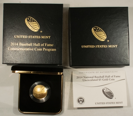 Gold Commems 2014-W $5 BASEBALL HALF OF FAME GOLD COMMEMORATIVE – BRILLIANT UNC W/ BOX & COA!