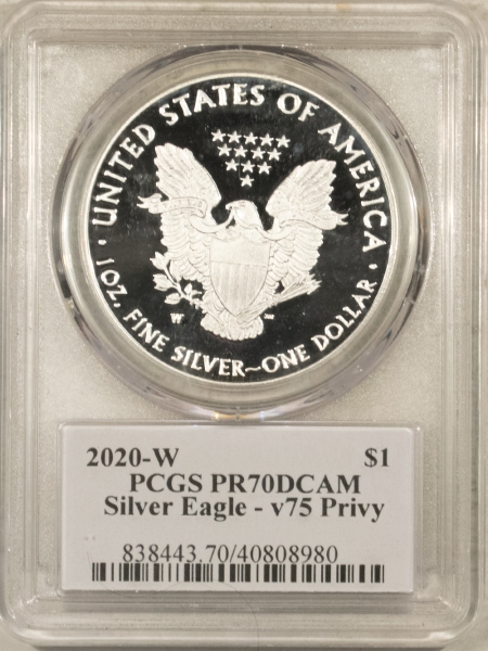 American Silver Eagles 2020-W 1OZ PROOF AMERICAN SILVER EAGLE, V75 PRIVY .999 PCGS PR-70 DCAM T. ROGERS