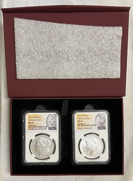 Dollars 2023 MORGAN/PEACE DOLLAR SET, NGC MS-70 “FIRST DAY OF ISSUE”-MODERN PERFECTION!