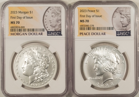 Dollars 2023 MORGAN/PEACE DOLLAR SET, NGC MS-70 “FIRST DAY OF ISSUE”-MODERN PERFECTION!