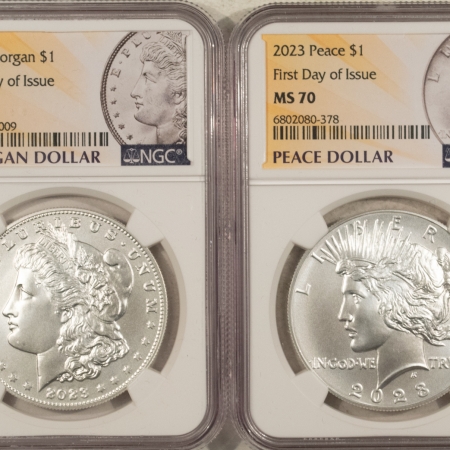 New Store Items 2023 MORGAN/PEACE DOLLAR SET, NGC MS-70 “FIRST DAY OF ISSUE”-MODERN PERFECTION!