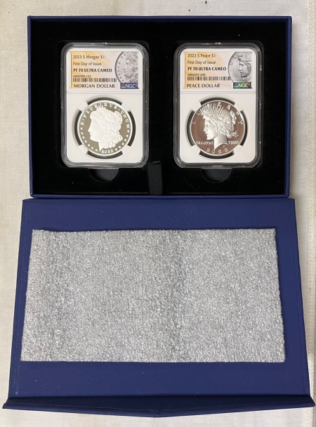 Dollars 2023-S MORGAN/PEACE DOLLAR SET, NGC PF 70 ULTRA CAMEO FIRST DAY OF ISSUE-PERFECT