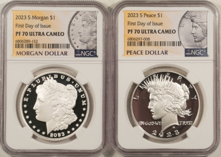 Dollars 2023-S MORGAN/PEACE DOLLAR SET, NGC PF 70 ULTRA CAMEO FIRST DAY OF ISSUE-PERFECT