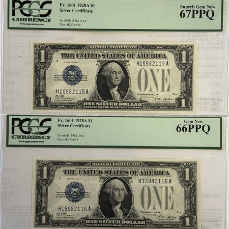 New Store Items 1928-A $1 SILVER CERTIFICATES, 2 CONSECUTIVE, FR1601 PCGS CURRENCY GEM 67/66 PPQ