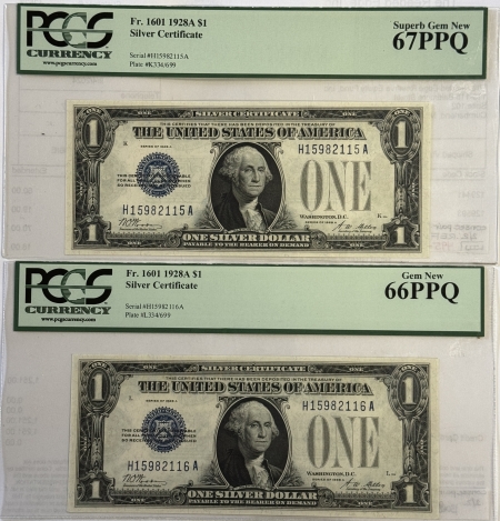 New Store Items 1928-A $1 SILVER CERTIFICATES, 2 CONSECUTIVE, FR1601 PCGS CURRENCY GEM 67/66 PPQ