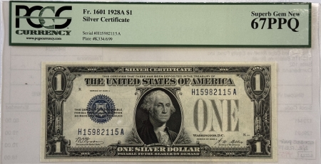 New Store Items 1928-A $1 SILVER CERTIFICATES, 2 CONSECUTIVE, FR1601 PCGS CURRENCY GEM 67/66 PPQ