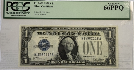 New Store Items 1928-A $1 SILVER CERTIFICATES, 2 CONSECUTIVE, FR1601 PCGS CURRENCY GEM 67/66 PPQ