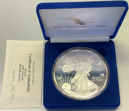 Bullion 1995 WASHINGTON MINT 16 OZ .999 PROOF SILVER ROUND AMERICAN EAGLE DESIGN BOX/COA