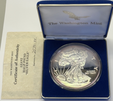 Bullion 1994 WASHINGTON MINT 8 OZ .999 PROOF SILVER ROUND, AMERICAN EAGLE DESIGN BOX/COA