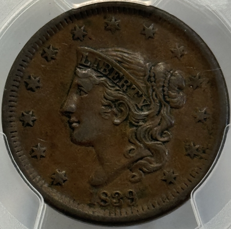 Coronet Head Large Cents 1839 CORONET HEAD LARGE CENT, HEAD OF 1838 – PCGS AU-53, SMOOTH BROWN!