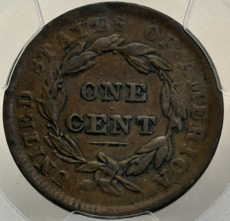 Coronet Head Large Cents 1839 CORONET HEAD LARGE CENT, HEAD OF 1838 – PCGS AU-53, SMOOTH BROWN!