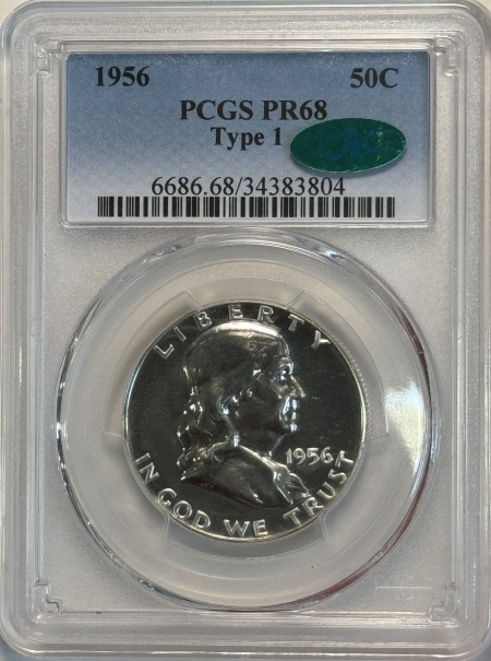 CAC Approved Coins 1956 PROOF FRANKLIN HALF DOLLAR, TYPE 1 – PCGS PR-68, STUNNING! CAC APPROVED!