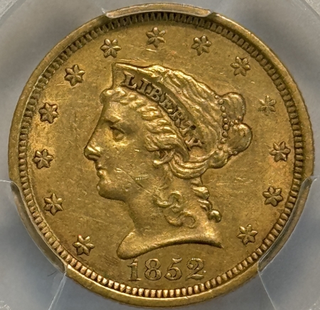 $2.50 1852 $2.50 LIBERTY GOLD QUARTER EAGLE – PCGS AU-53, NICE ORIGINAL!