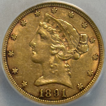 $5 1891-CC $5 LIBERTY GOLD HALF EAGLE – ANACS EF-45, SMOOTH & PREMIUM QUALITY!