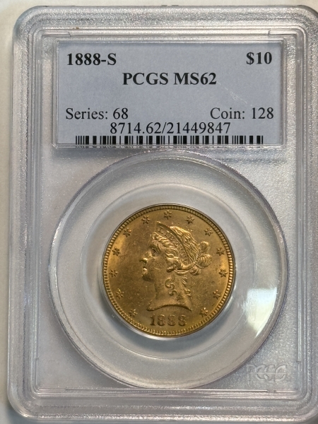 $10 1888-S $10 LIBERTY GOLD EAGLE – PCGS MS-62