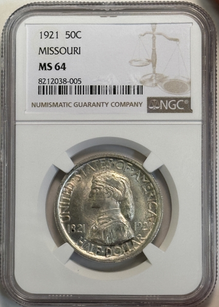 New Certified Coins 1921 MISSOURI COMEMMORATIVE HALF DOLLAR – NGC MS-64, FLASHY WHITE!