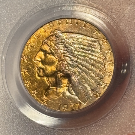 $2.50 1927 $2.50 INDIAN GOLD QUARTER EAGLE – PCGS MS-62, REALLY PRETTY TONING! COOL!