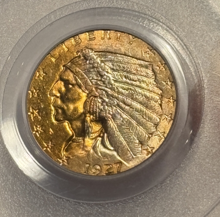 $2.50 1927 $2.50 INDIAN GOLD QUARTER EAGLE – PCGS MS-62, REALLY PRETTY TONING! COOL!