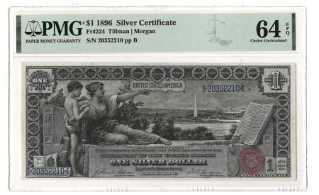 Large Silver Certificates 1896 $1 EDUCATIONAL SILVER CERTIFICATE, FR-224, PMG CHOICE UNC 64 EPQ-LOOKS GEM!