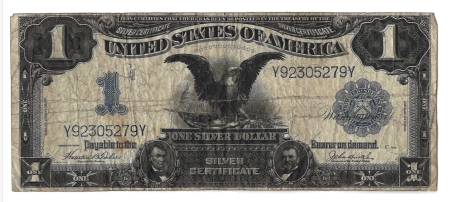 Large Silver Certificates 1899 $1 BLACK EAGLE SILVER CERTIFICATE, FR#233, DATE RIGHT – FINE!