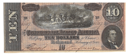 Confederate Notes 2/17/1864 $10 CONFEDERATE STATES AMERICA, RICHMOND T68 UNCIRCULATED, LIGHT HINGE