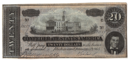 Confederate Notes 2/17/1864 $20 CONFEDERATE STATES AMERICA, RICHMOND T-67 – VF+ W/ TEAR, NOTATIONS