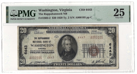 New Store Items RARE 1929 RAPPAHANNOCK NB WASHINGTON, VA $20 TY II, PMG VF-25-2 NOTES REPORTED!