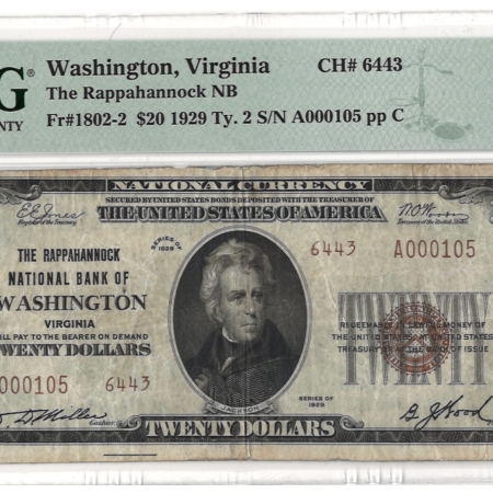 New Store Items RARE 1929 RAPPAHANNOCK NB WASHINGTON, VA $20 TY II, PMG VF-25-2 NOTES REPORTED!